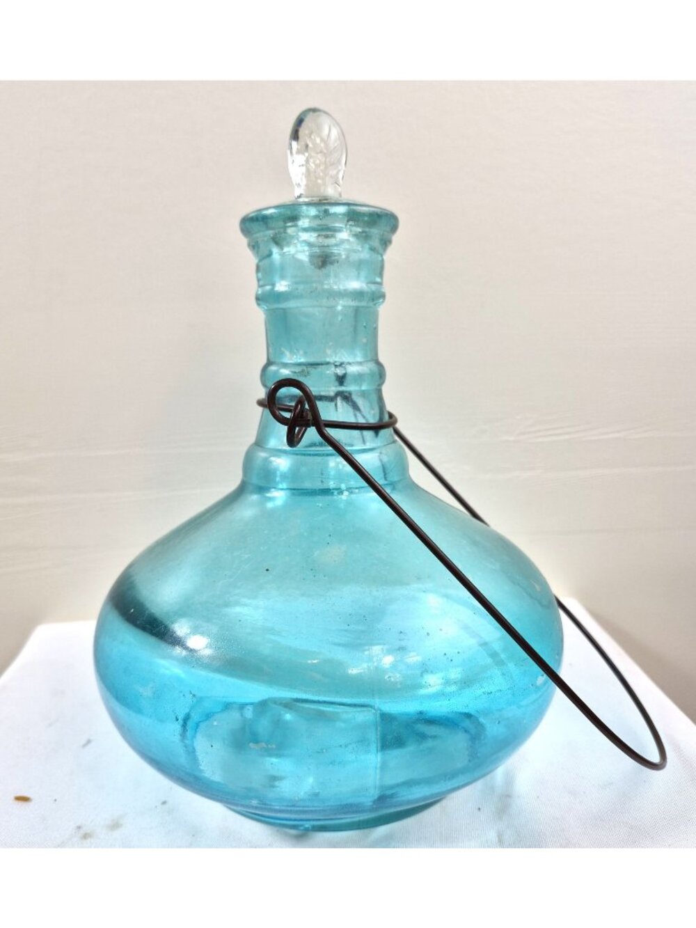 Antique Aqua Blue Fly Catcher Flytrap original Glass Stopper Wire Hanger